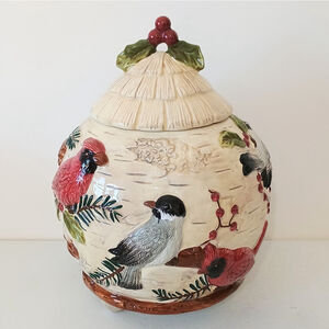 Sonoma Home Goods 3D Birds Ceramic Cookie Jar Cardinal Chickadee Berries